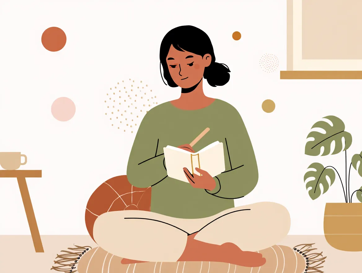 Minimalist journal-style illustration with soft dots marking moments of reflection throughout the day